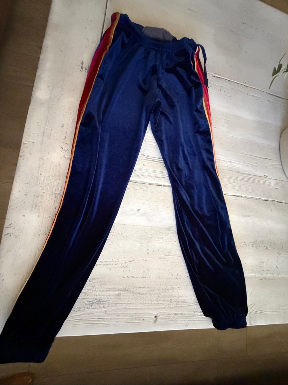 Aviator Nation Navy Velvet Track Pants with Red & Yellow Side Stripes
